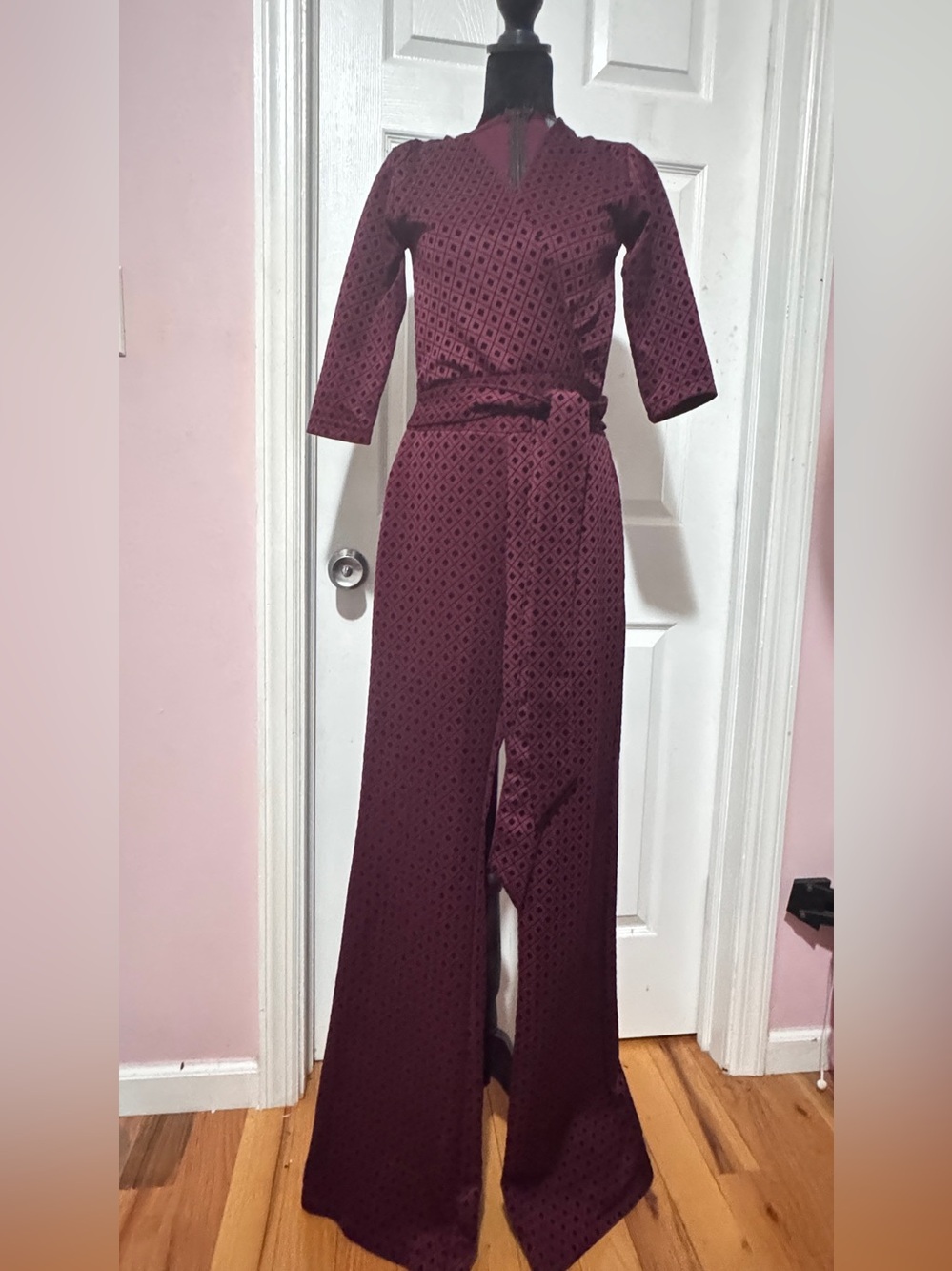 LOFT Wine Textured Wide-Leg Tie-Waist Jumpsuit